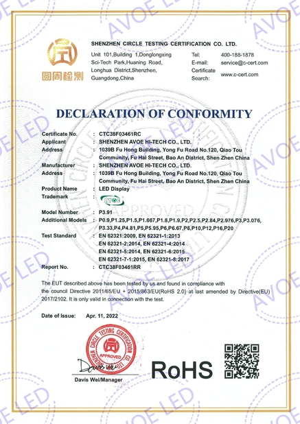ΚΙΝΑ Shen Zhen AVOE Hi-tech Co., Ltd. Πιστοποιήσεις